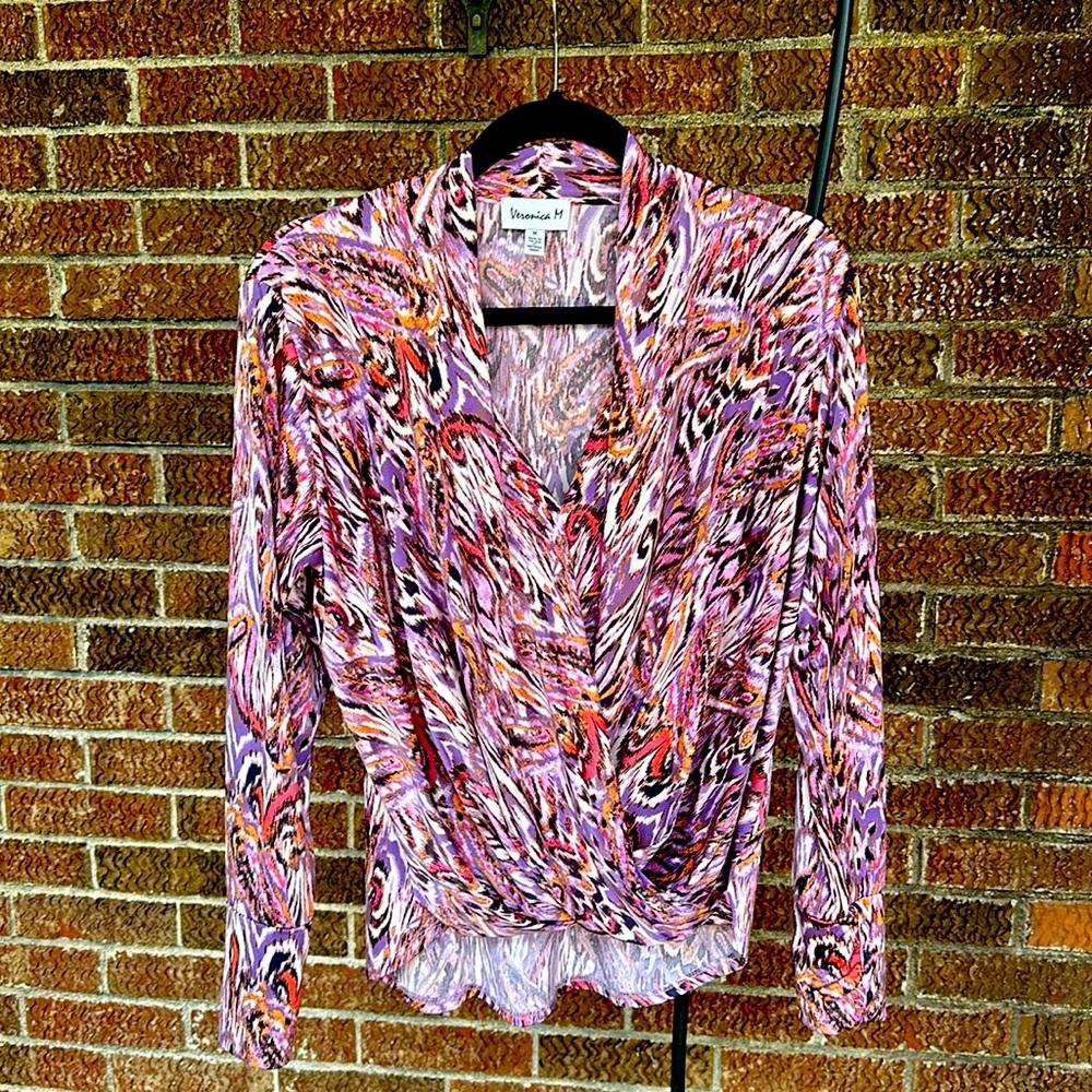 Veronica M Cupro Draped Long Sleeve Surplice Top size M